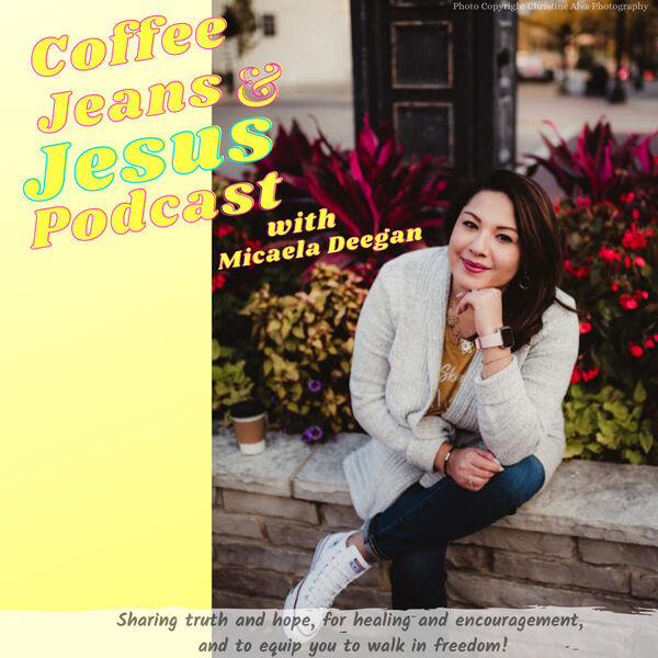 Coffee Jeans & Jesus Podcast Interviews Michelle Watson of The Pantry Podcast: Cover art is a yellow left side bar with podcast title and an image of host Micaela Deegan on a step by flowers on the right