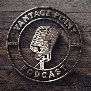 Vantage Point Podcast Interviews The Pantry Podcast: Cover art is a wood texture with an embellished circle brand mark with a mic in the center and the title around the mic.