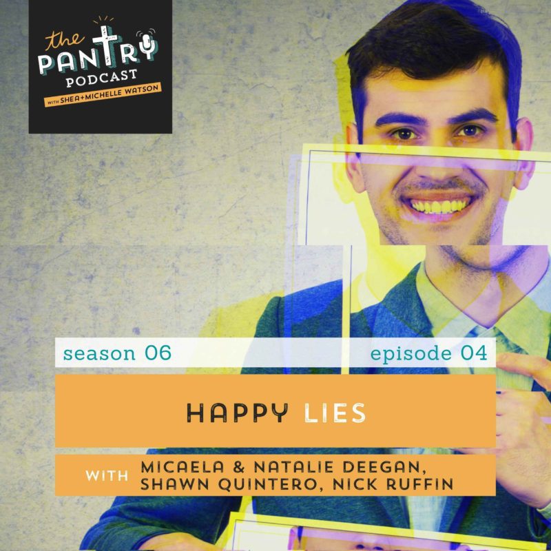 Man holding up a photo of his smile in front of his face. Fractured image. Happy Lies episode cover.