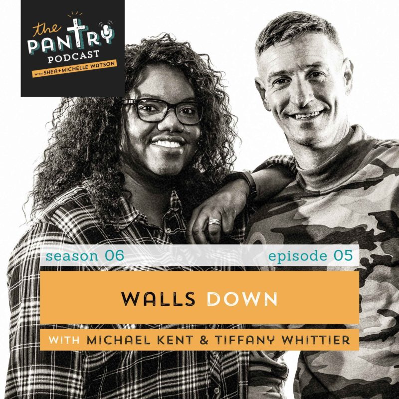 Michael Kent and Tiffany Whittier smiling at camera. Grayscale image. Walls Down episode cover.