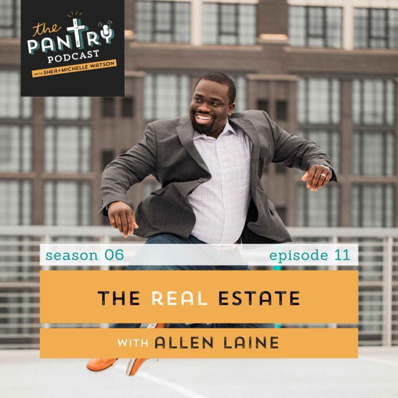 Allen Laine in a gray blazer, white shirt, jeans, and tan shoes with a smile, jumping in the air in front of a building. The Real Estate episode art.